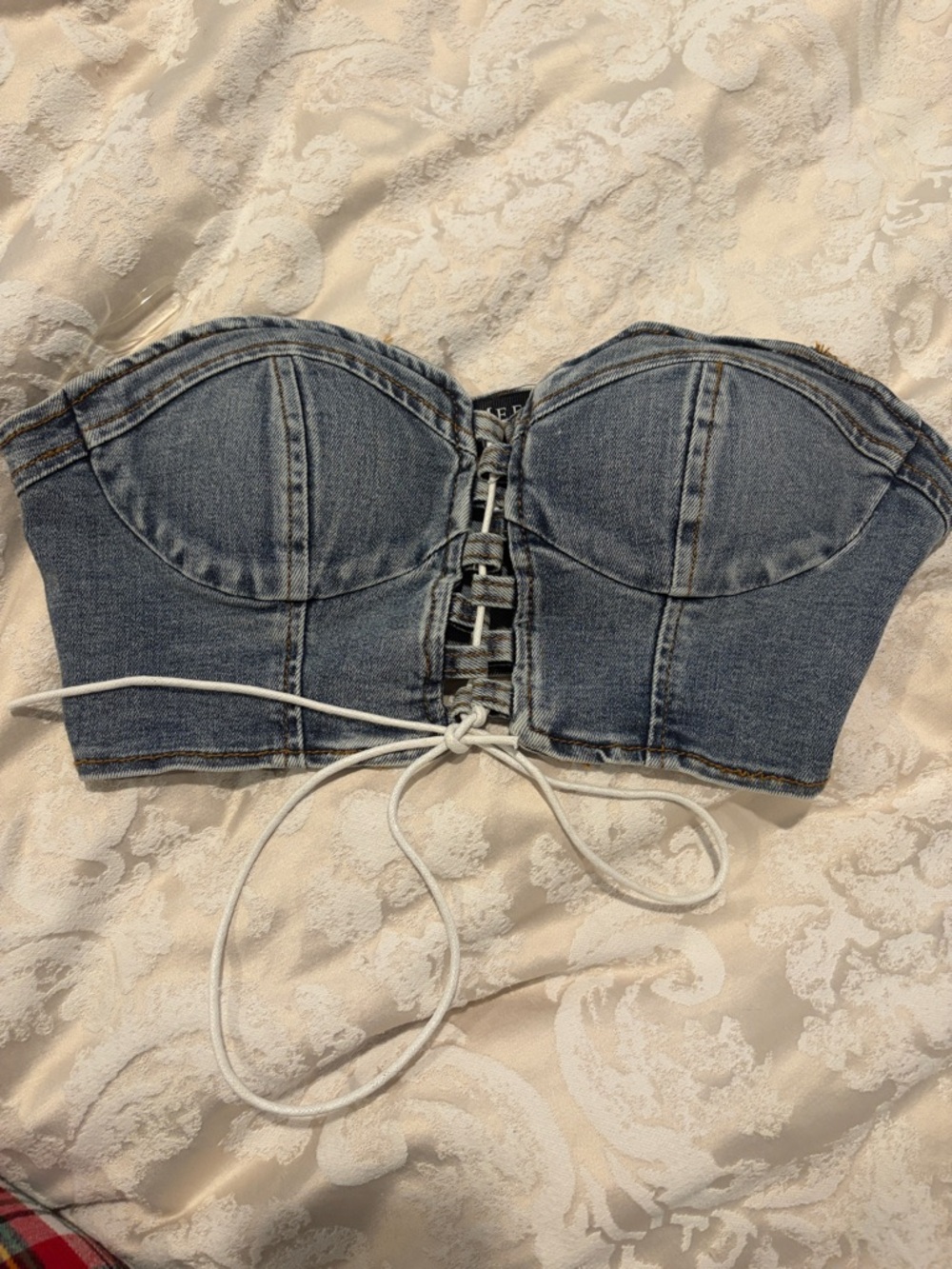 Structured Denim Lace-Up Crop Bustier Top - Blue